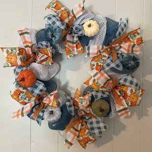 Blue & Orange Fall Pumpkin ribbon and deco mesh wreath